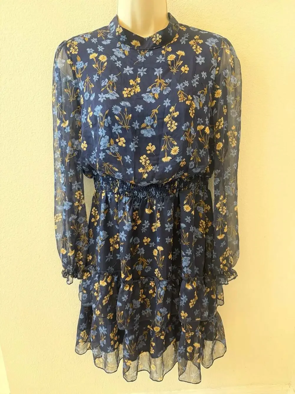 Allegra K Smocked Waist Sheer Sleeve Ruffle Layered Floral Chiffon Mini Dress